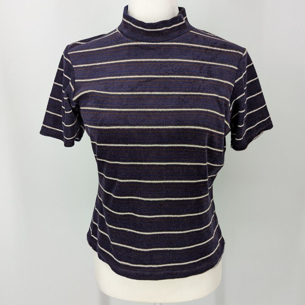 Vintage NYJeans 90s Navy Blue Short Sleeve Velour Turtleneck Baby Tee Top Medium